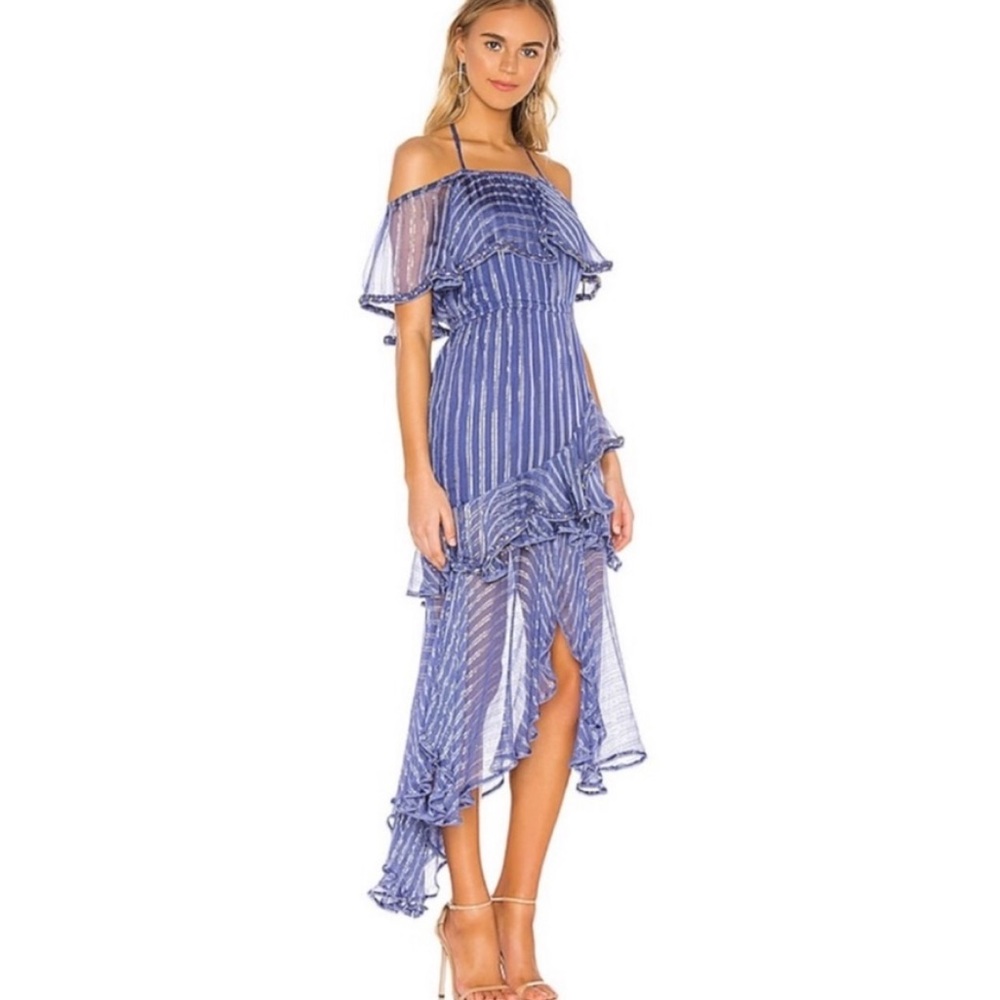 Misa Blue Metallic Stripes Braided Off Shoulder Ruffle Dress